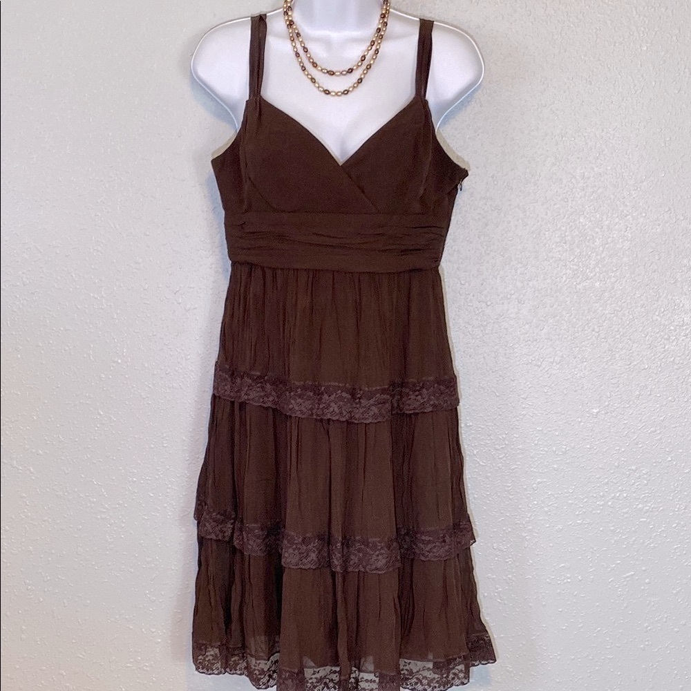 Bcbgmaxazria 100% Silk Brown Tiered Ruffled Midi Dress Sweetheart Neckline
